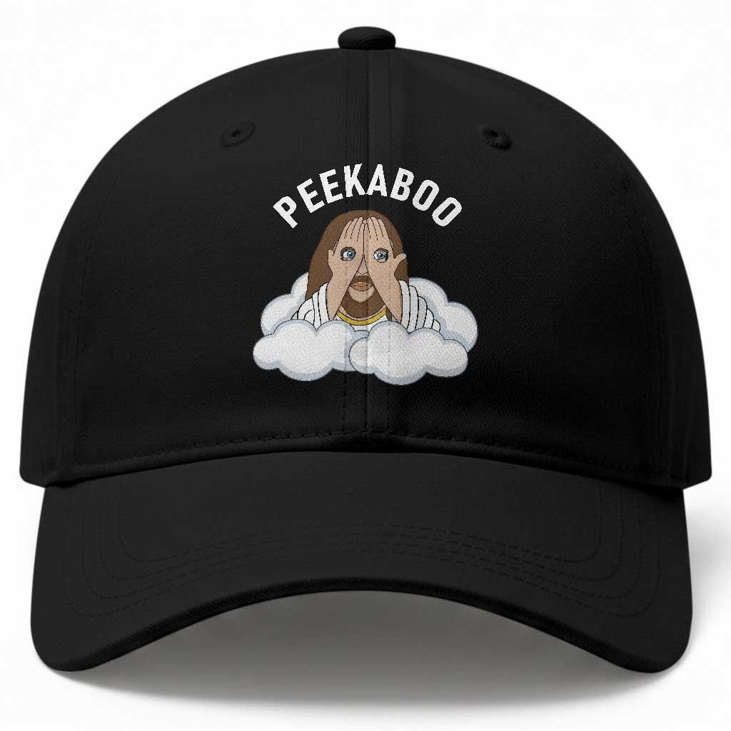 Peekaboo Jesus Funny Christian Baseball Cap Faith Humor Savior in Clouds Religious Meme