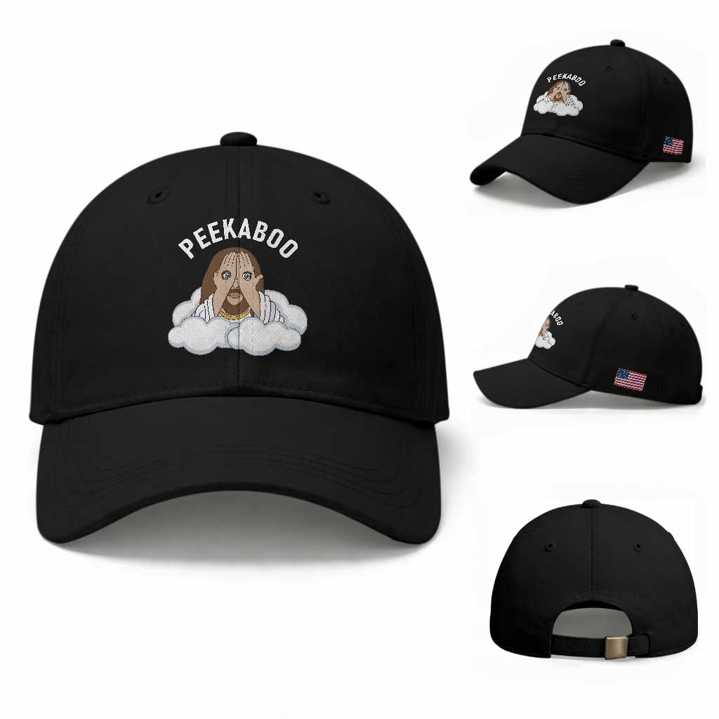 Peekaboo Jesus Funny Christian Baseball Cap Faith Humor Savior in Clouds Religious Meme