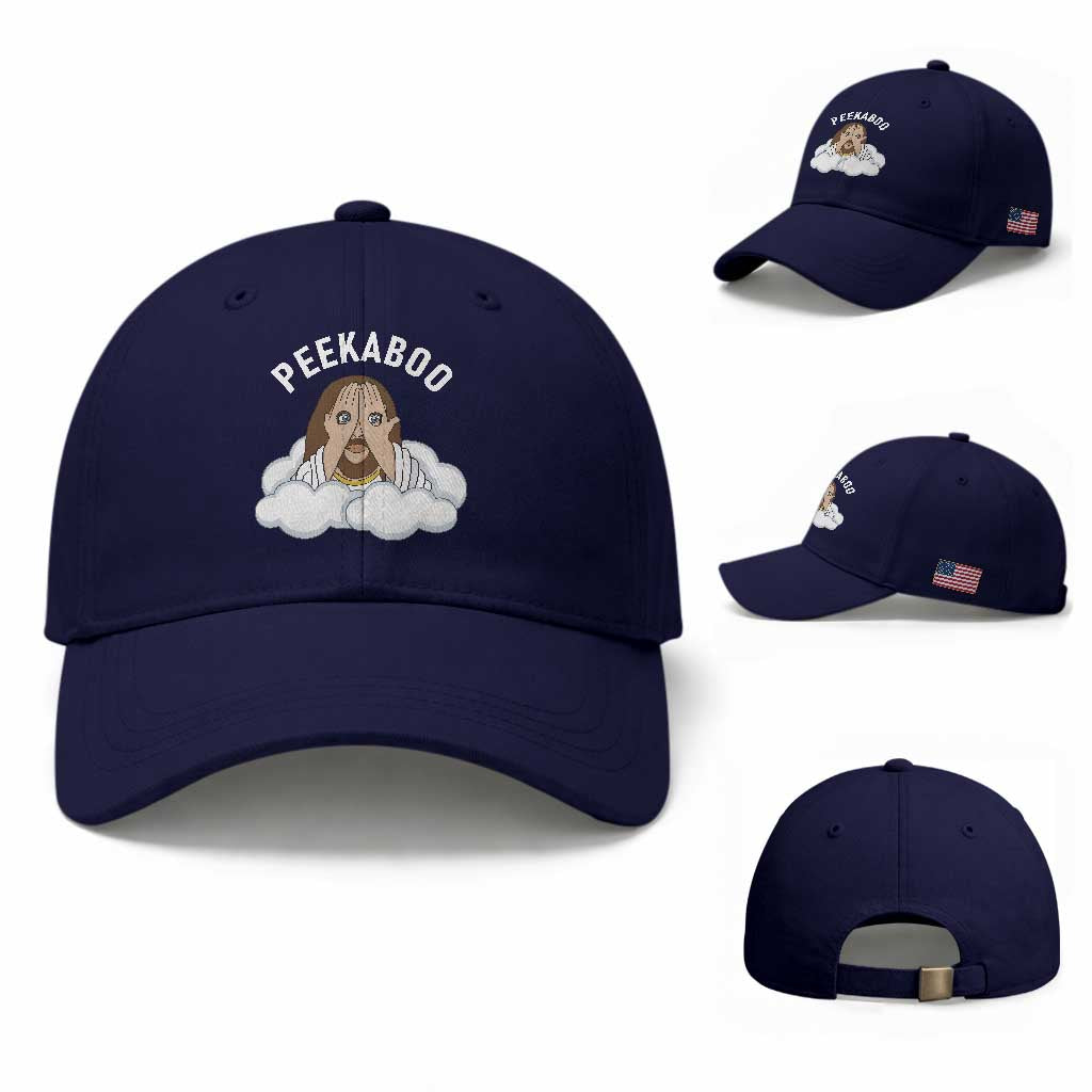 Peekaboo Jesus Funny Christian Baseball Cap Faith Humor Savior in Clouds Religious Meme