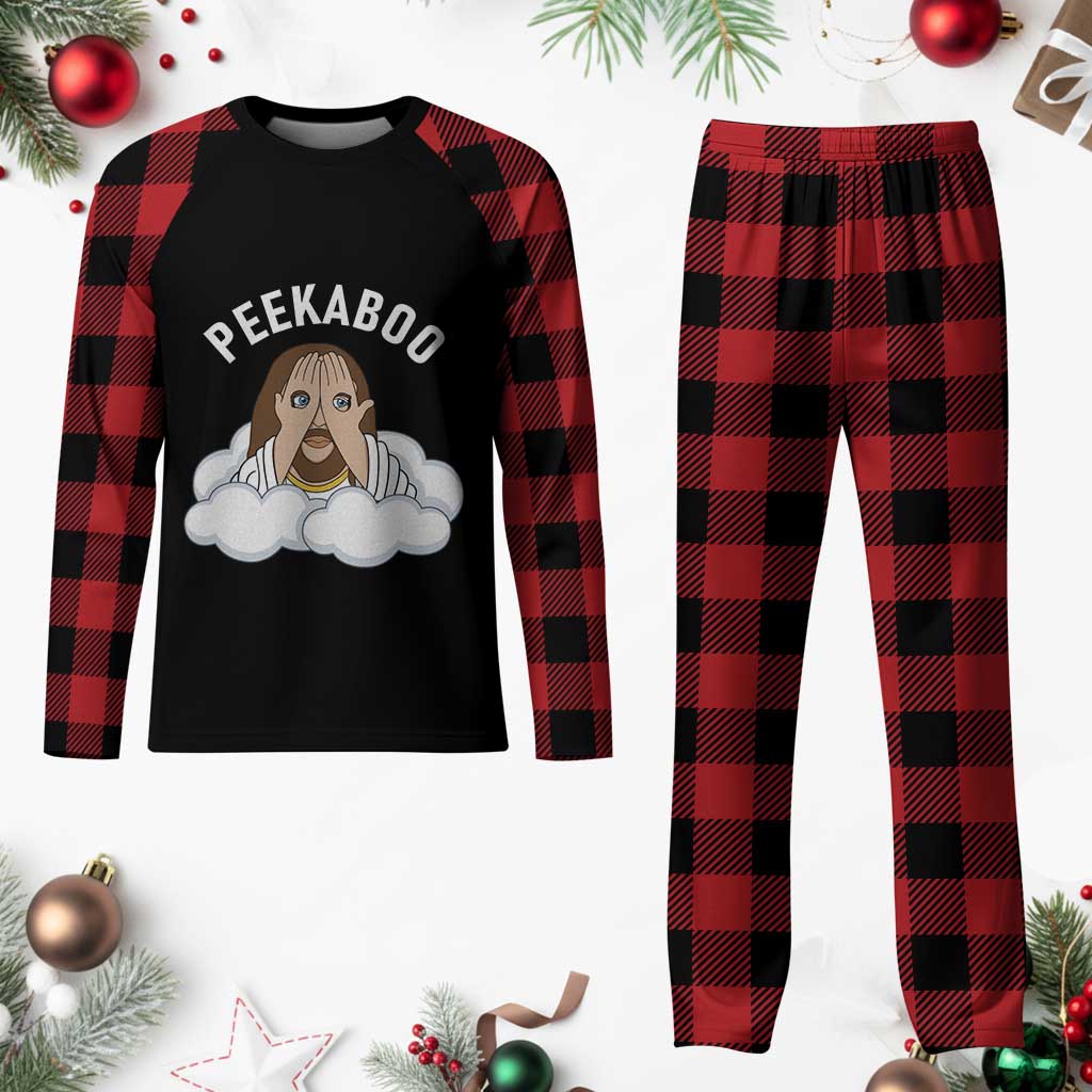 Peekaboo Jesus Funny Christian Plaid Pajama Set Faith Humor Savior in Clouds Religious Meme