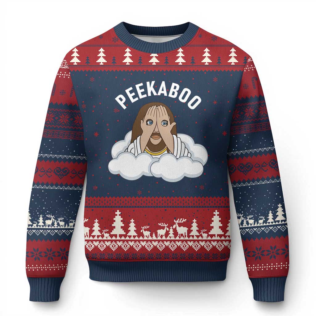 Peekaboo Jesus Funny Christian Ugly Christmas Sweater Faith Humor Savior in Clouds Religious Meme
