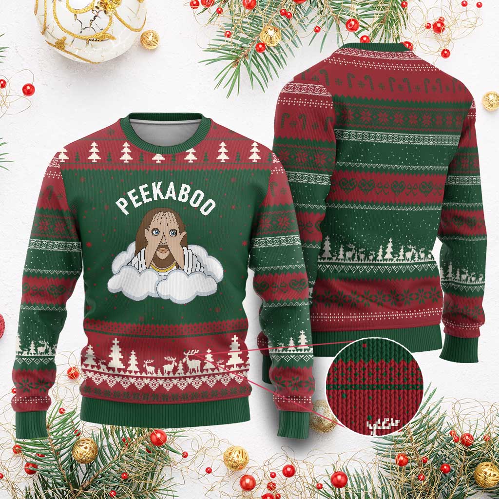 Peekaboo Jesus Funny Christian Ugly Christmas Sweater Faith Humor Savior in Clouds Religious Meme