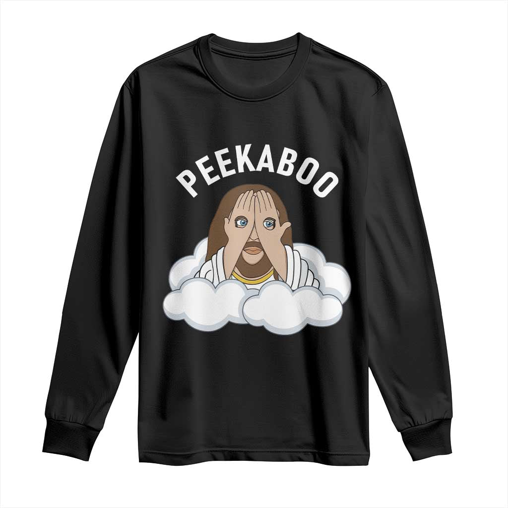 Peekaboo Jesus Funny Christian Long Sleeve Shirt Faith Humor Savior in Clouds Religious Meme