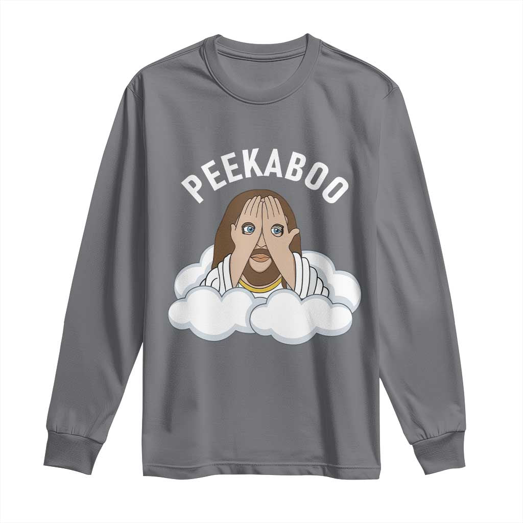 Peekaboo Jesus Funny Christian Long Sleeve Shirt Faith Humor Savior in Clouds Religious Meme