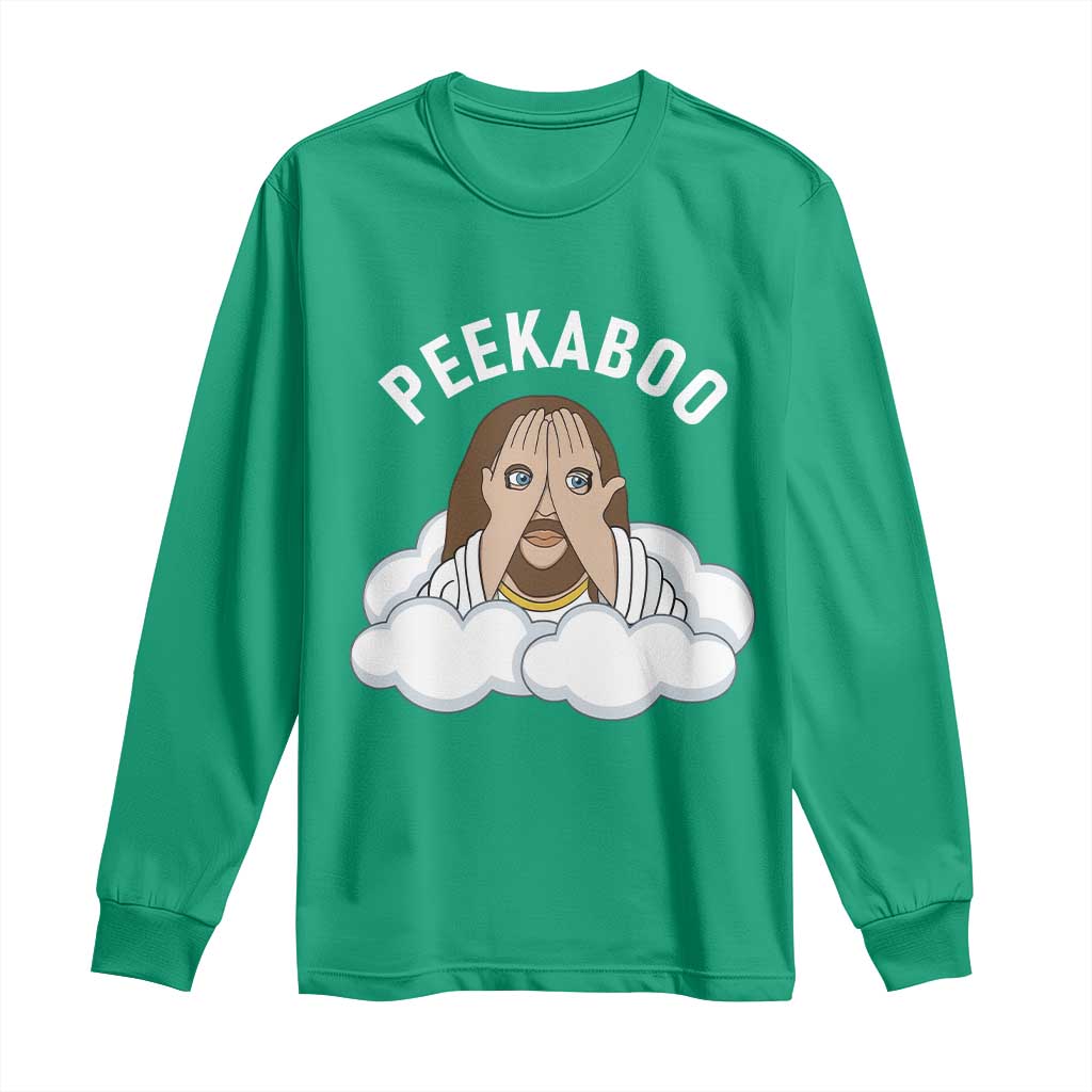 Peekaboo Jesus Funny Christian Long Sleeve Shirt Faith Humor Savior in Clouds Religious Meme