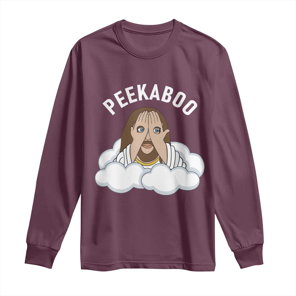 Peekaboo Jesus Funny Christian Long Sleeve Shirt Faith Humor Savior in Clouds Religious Meme