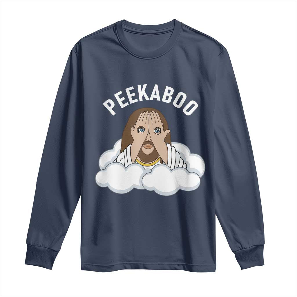 Peekaboo Jesus Funny Christian Long Sleeve Shirt Faith Humor Savior in Clouds Religious Meme