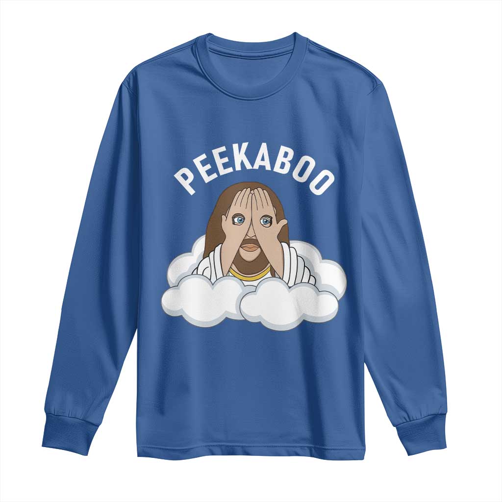 Peekaboo Jesus Funny Christian Long Sleeve Shirt Faith Humor Savior in Clouds Religious Meme