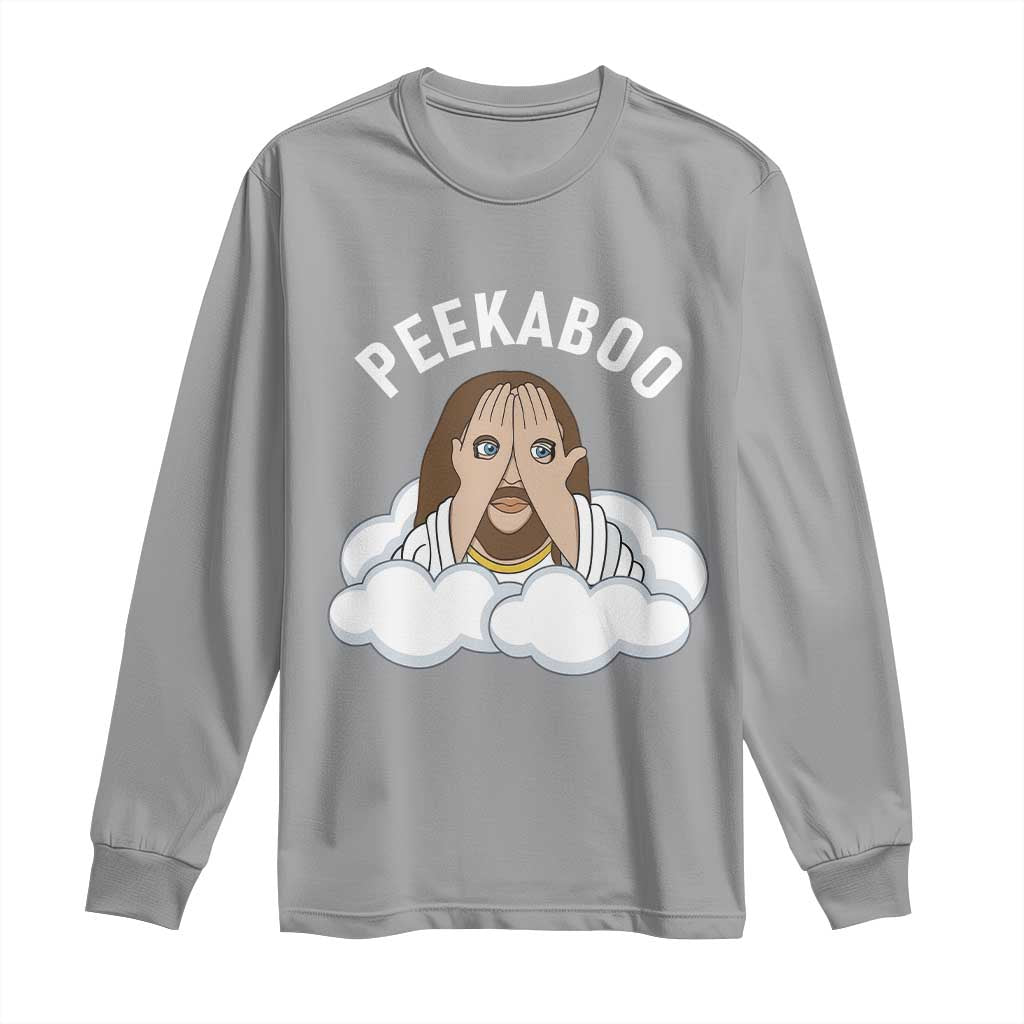 Peekaboo Jesus Funny Christian Long Sleeve Shirt Faith Humor Savior in Clouds Religious Meme