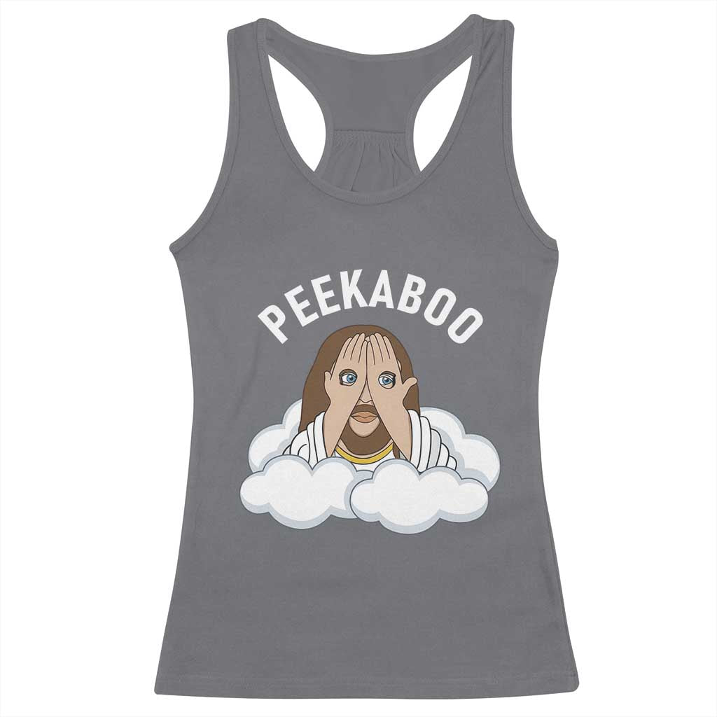 Peekaboo Jesus Funny Christian Racerback Tank Top Faith Humor Savior in Clouds Religious Meme