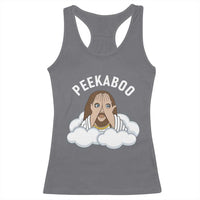 Peekaboo Jesus Funny Christian Racerback Tank Top Faith Humor Savior in Clouds Religious Meme