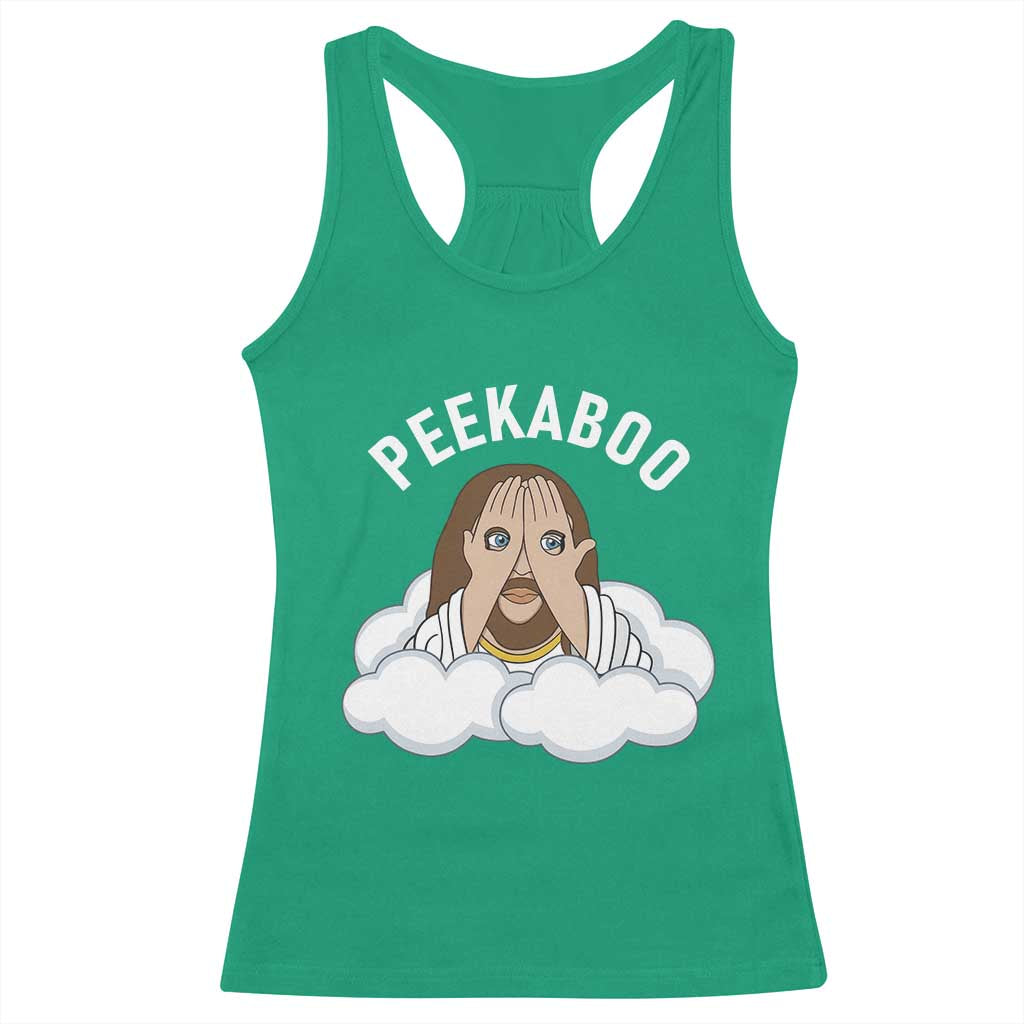 Peekaboo Jesus Funny Christian Racerback Tank Top Faith Humor Savior in Clouds Religious Meme