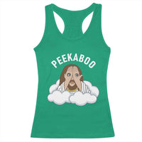 Peekaboo Jesus Funny Christian Racerback Tank Top Faith Humor Savior in Clouds Religious Meme