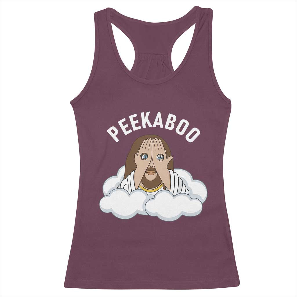 Peekaboo Jesus Funny Christian Racerback Tank Top Faith Humor Savior in Clouds Religious Meme
