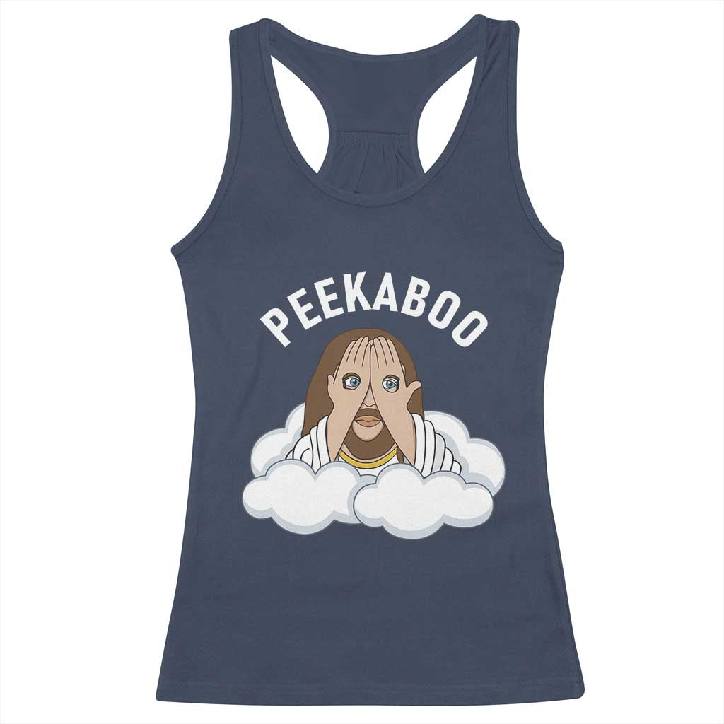 Peekaboo Jesus Funny Christian Racerback Tank Top Faith Humor Savior in Clouds Religious Meme
