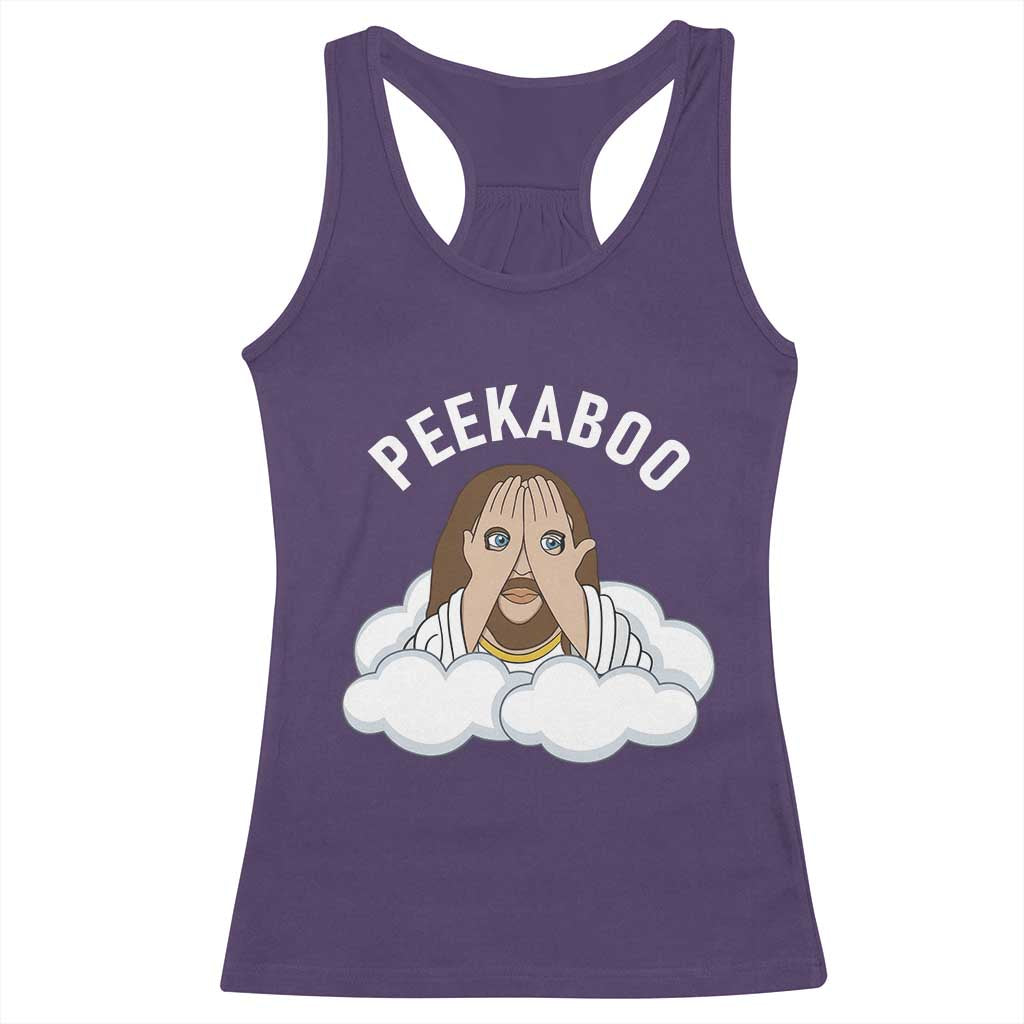 Peekaboo Jesus Funny Christian Racerback Tank Top Faith Humor Savior in Clouds Religious Meme
