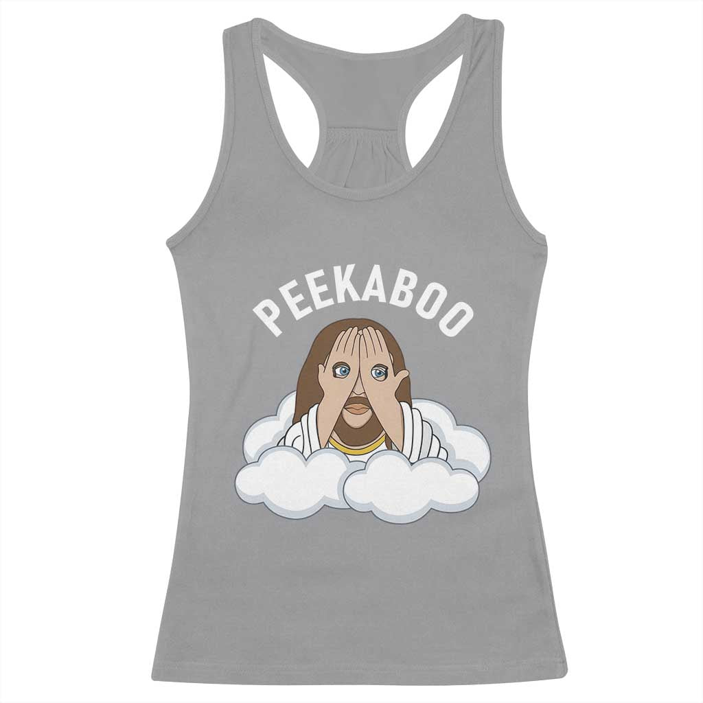 Peekaboo Jesus Funny Christian Racerback Tank Top Faith Humor Savior in Clouds Religious Meme