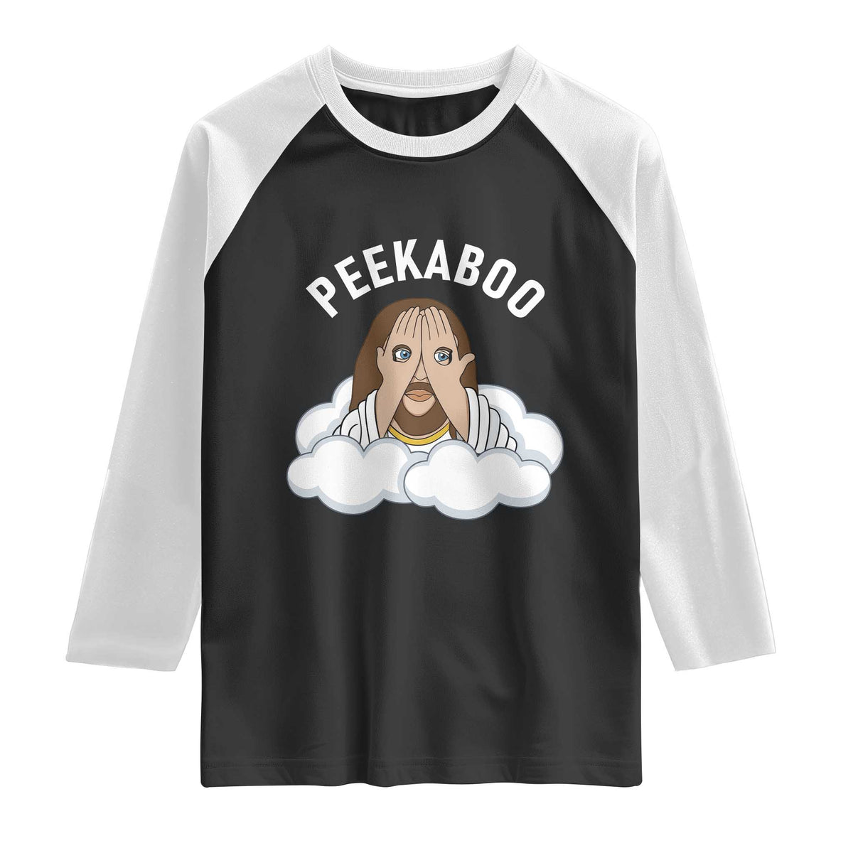 Peekaboo Jesus Funny Christian Raglan Shirt Faith Humor Savior in Clouds Religious Meme