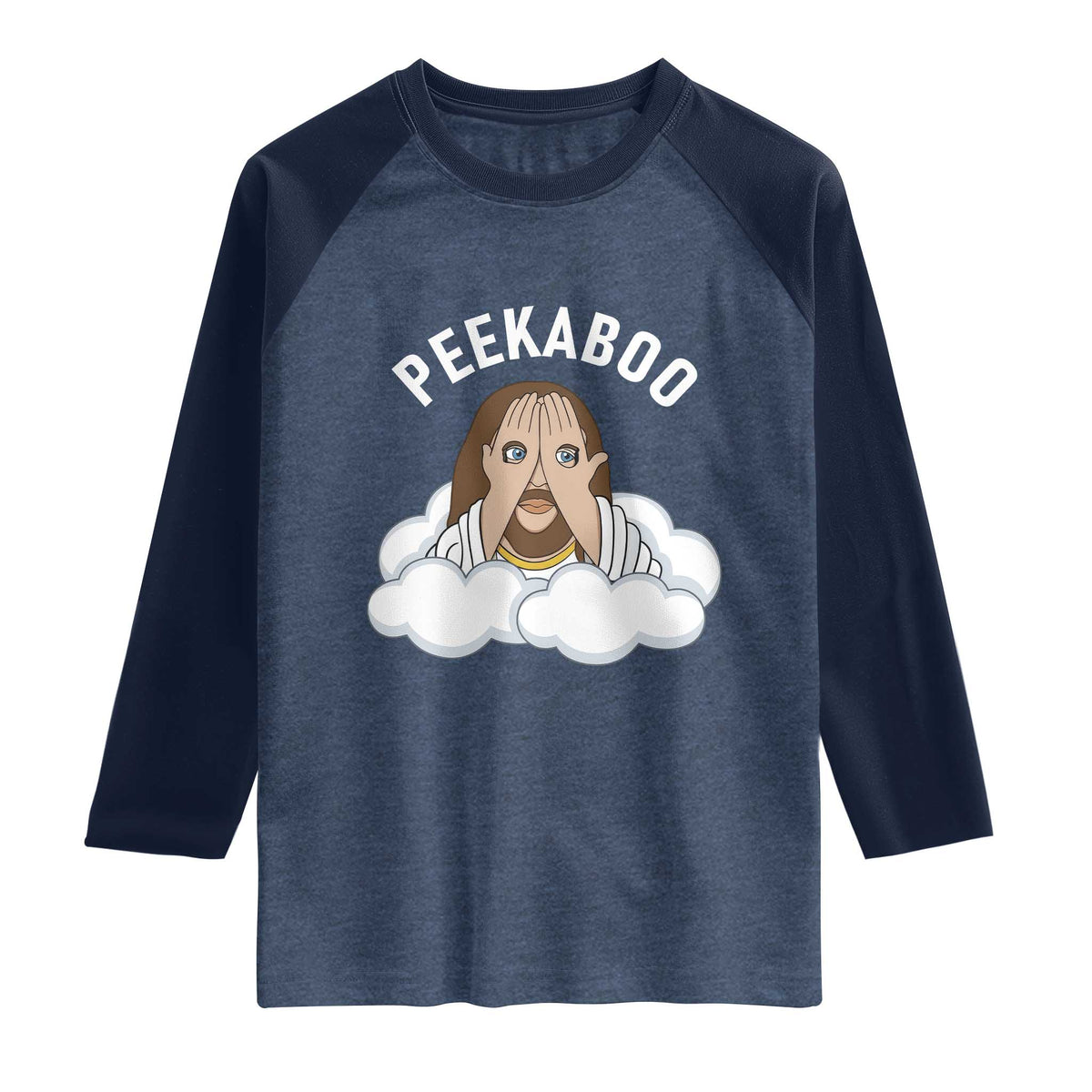 Peekaboo Jesus Funny Christian Raglan Shirt Faith Humor Savior in Clouds Religious Meme