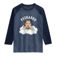 Peekaboo Jesus Funny Christian Raglan Shirt Faith Humor Savior in Clouds Religious Meme
