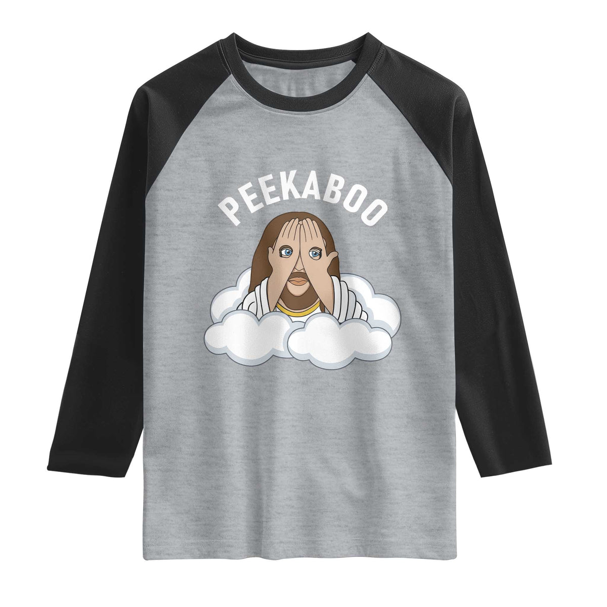 Peekaboo Jesus Funny Christian Raglan Shirt Faith Humor Savior in Clouds Religious Meme