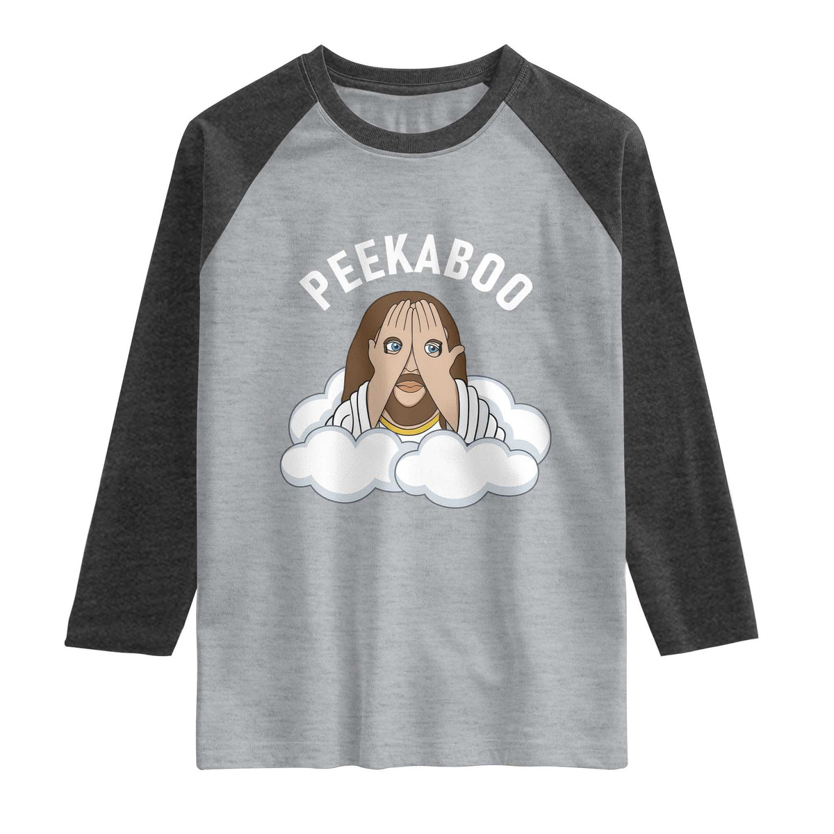 Peekaboo Jesus Funny Christian Raglan Shirt Faith Humor Savior in Clouds Religious Meme