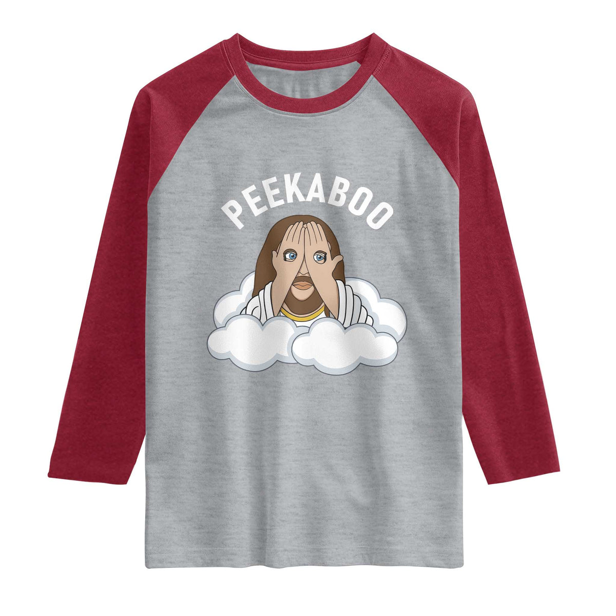 Peekaboo Jesus Funny Christian Raglan Shirt Faith Humor Savior in Clouds Religious Meme