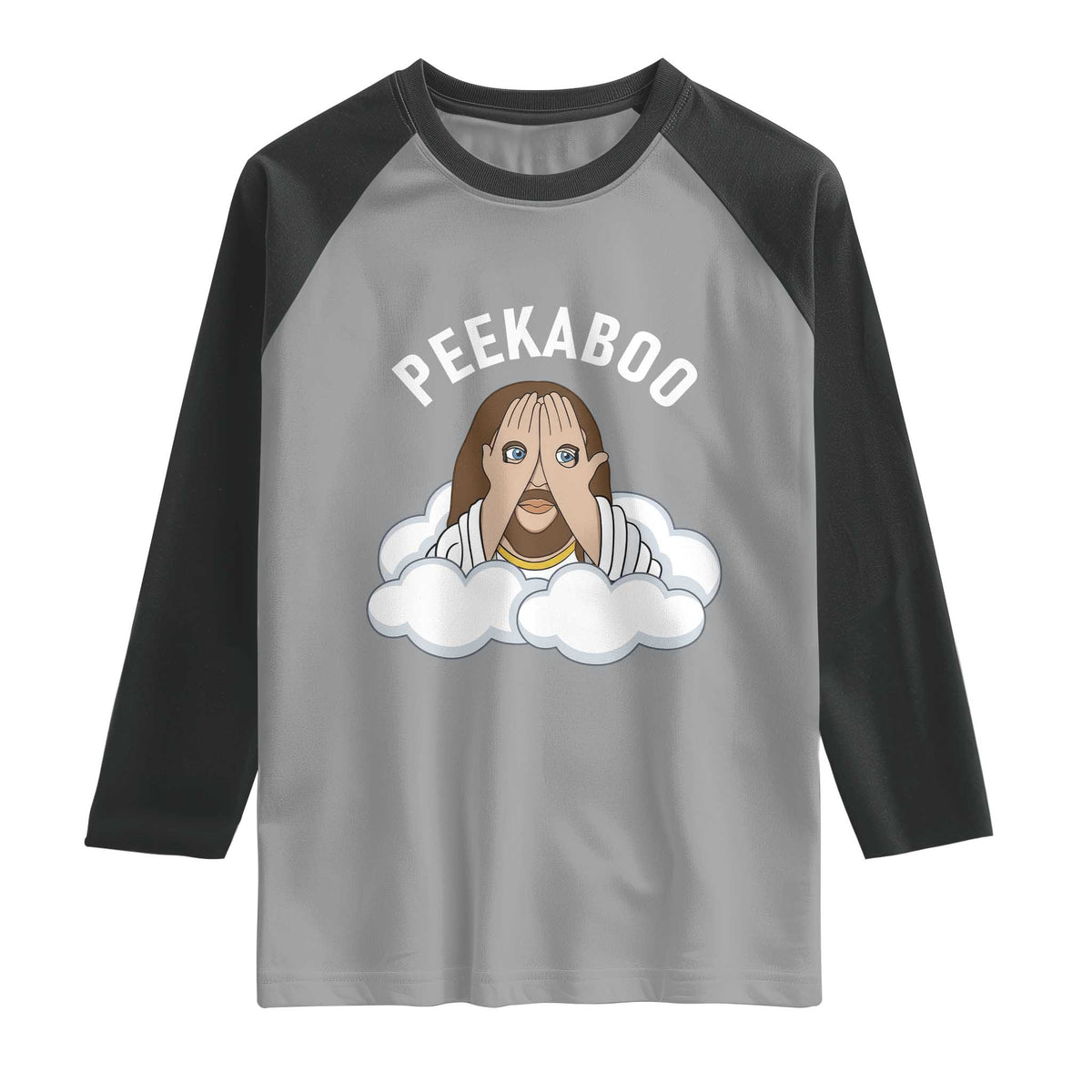 Peekaboo Jesus Funny Christian Raglan Shirt Faith Humor Savior in Clouds Religious Meme