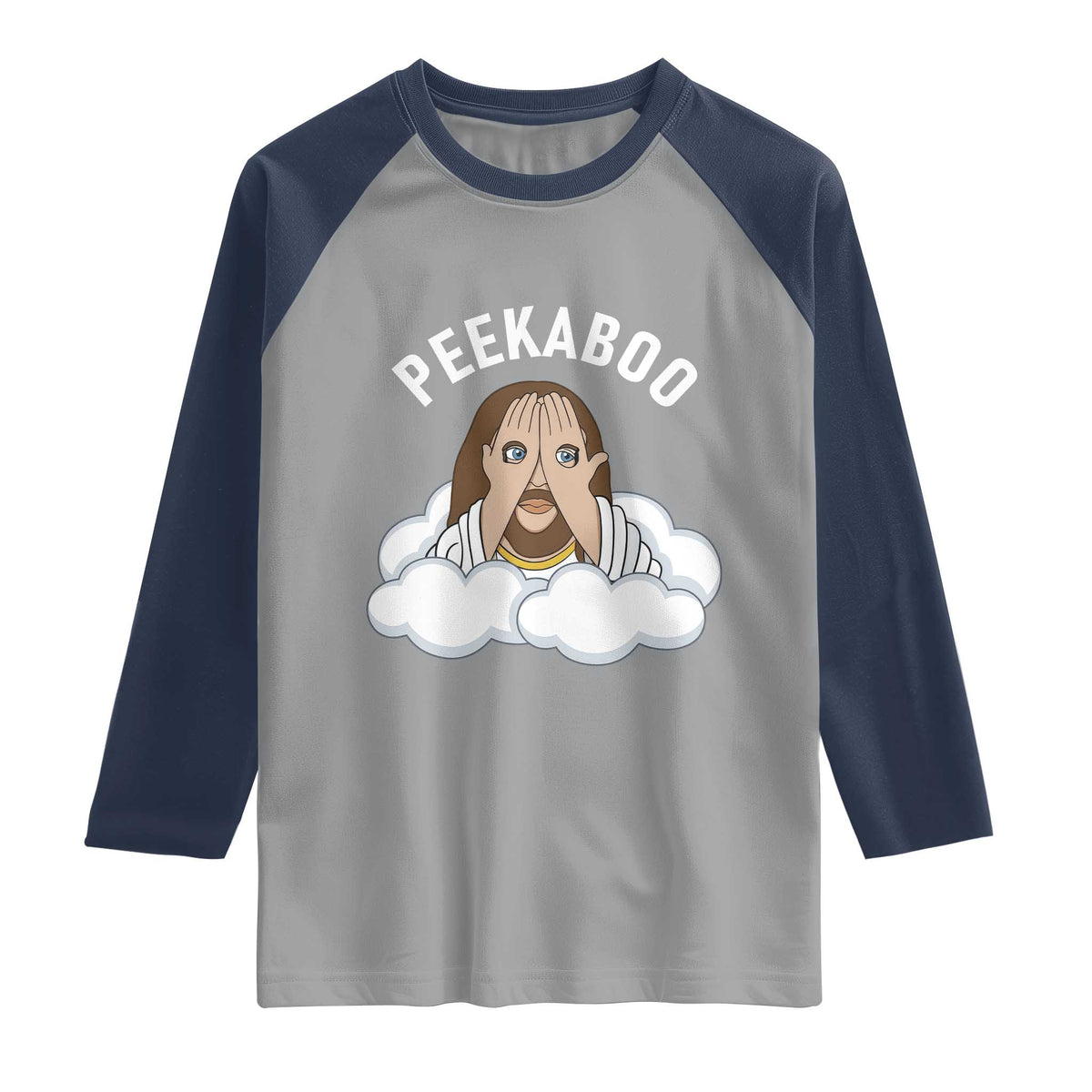Peekaboo Jesus Funny Christian Raglan Shirt Faith Humor Savior in Clouds Religious Meme