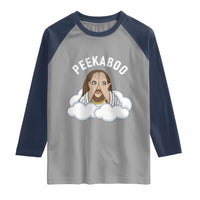 Peekaboo Jesus Funny Christian Raglan Shirt Faith Humor Savior in Clouds Religious Meme
