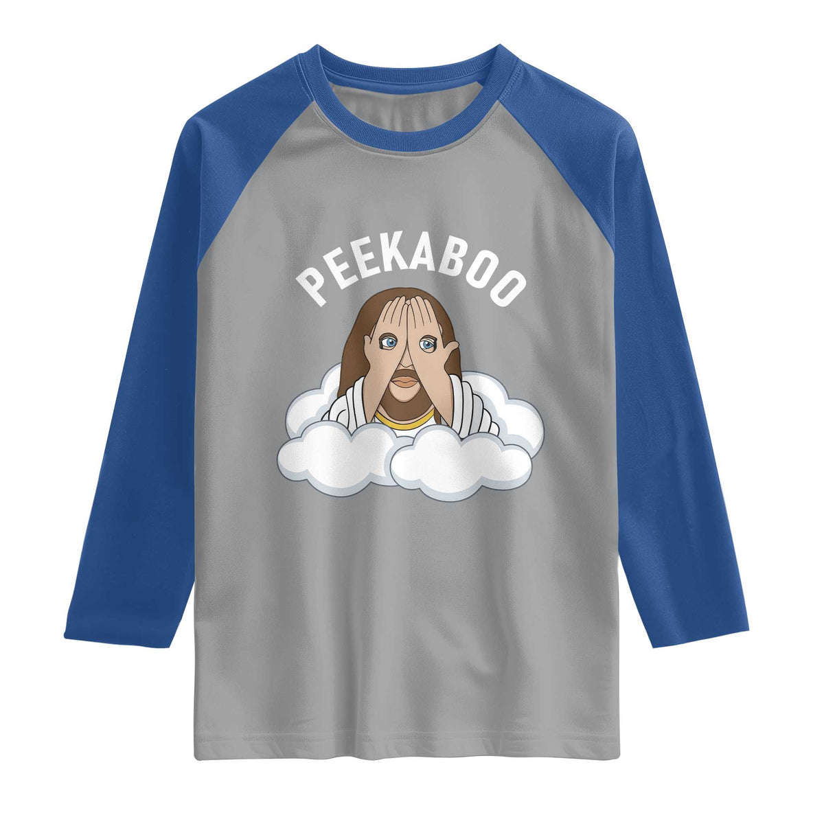Peekaboo Jesus Funny Christian Raglan Shirt Faith Humor Savior in Clouds Religious Meme