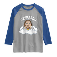 Peekaboo Jesus Funny Christian Raglan Shirt Faith Humor Savior in Clouds Religious Meme