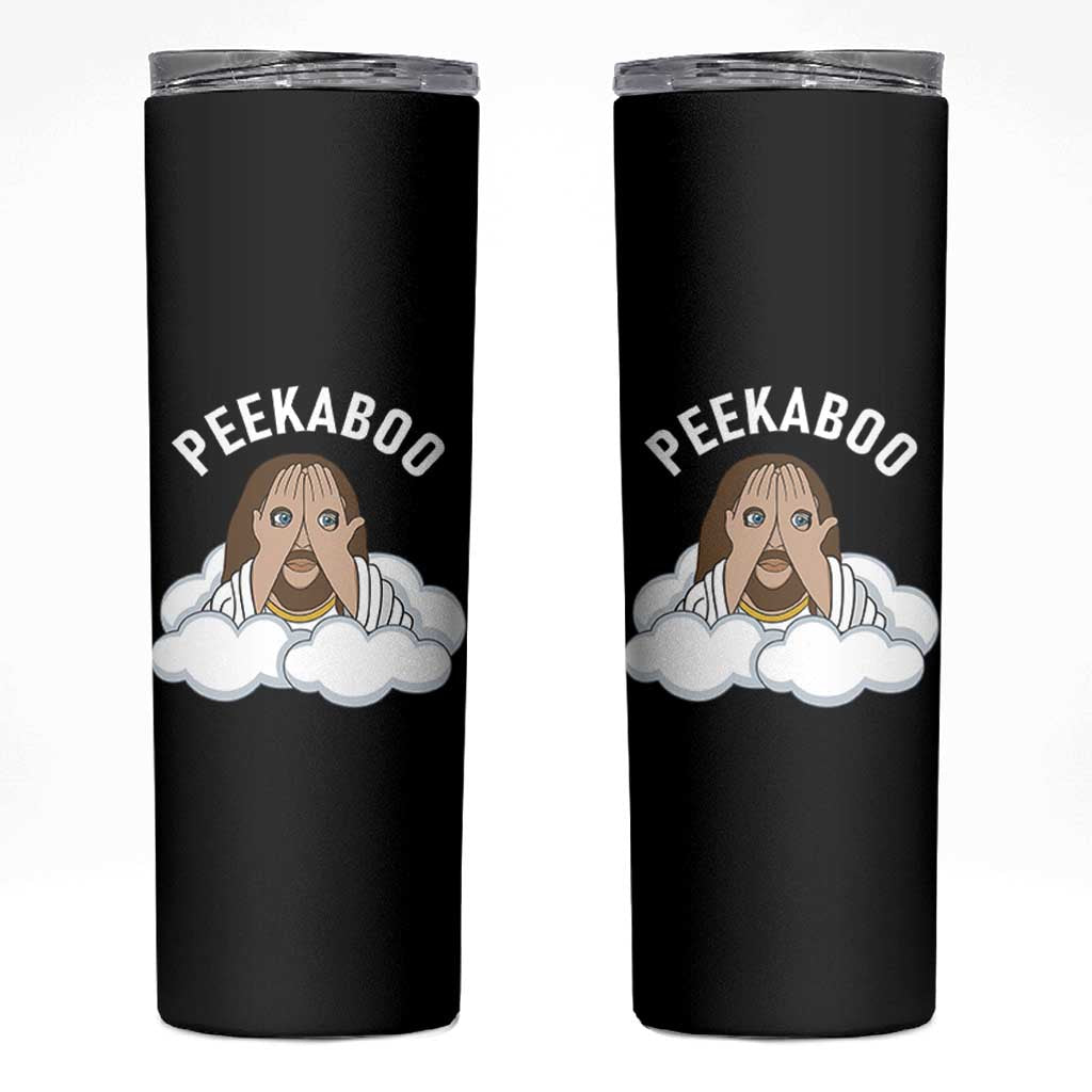 Peekaboo Jesus Funny Christian Skinny Tumbler Faith Humor Savior in Clouds Religious Meme