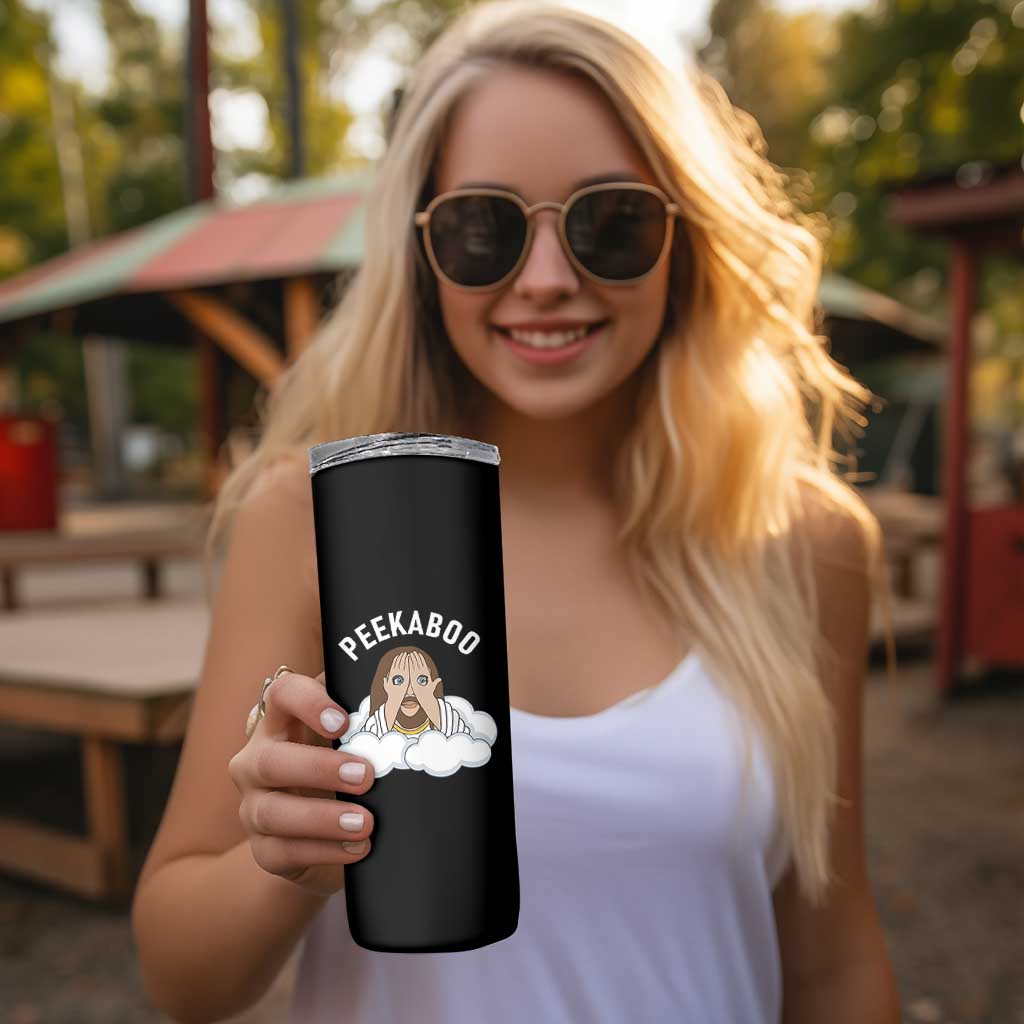 Peekaboo Jesus Funny Christian Skinny Tumbler Faith Humor Savior in Clouds Religious Meme