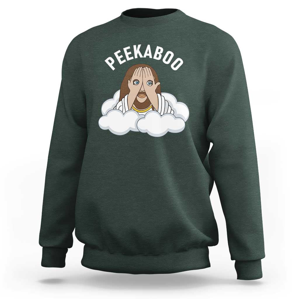 Peekaboo Jesus Funny Christian Sweatshirt Faith Humor Savior in Clouds Religious Meme