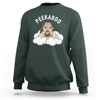 Peekaboo Jesus Funny Christian Sweatshirt Faith Humor Savior in Clouds Religious Meme