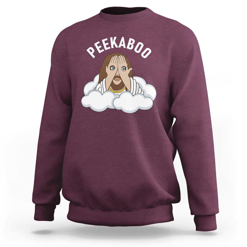 Peekaboo Jesus Funny Christian Sweatshirt Faith Humor Savior in Clouds Religious Meme