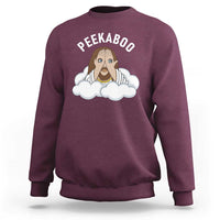 Peekaboo Jesus Funny Christian Sweatshirt Faith Humor Savior in Clouds Religious Meme