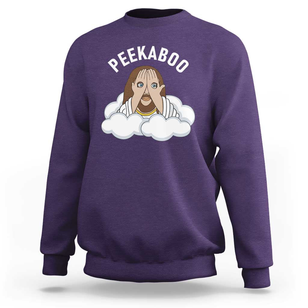 Peekaboo Jesus Funny Christian Sweatshirt Faith Humor Savior in Clouds Religious Meme