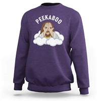 Peekaboo Jesus Funny Christian Sweatshirt Faith Humor Savior in Clouds Religious Meme