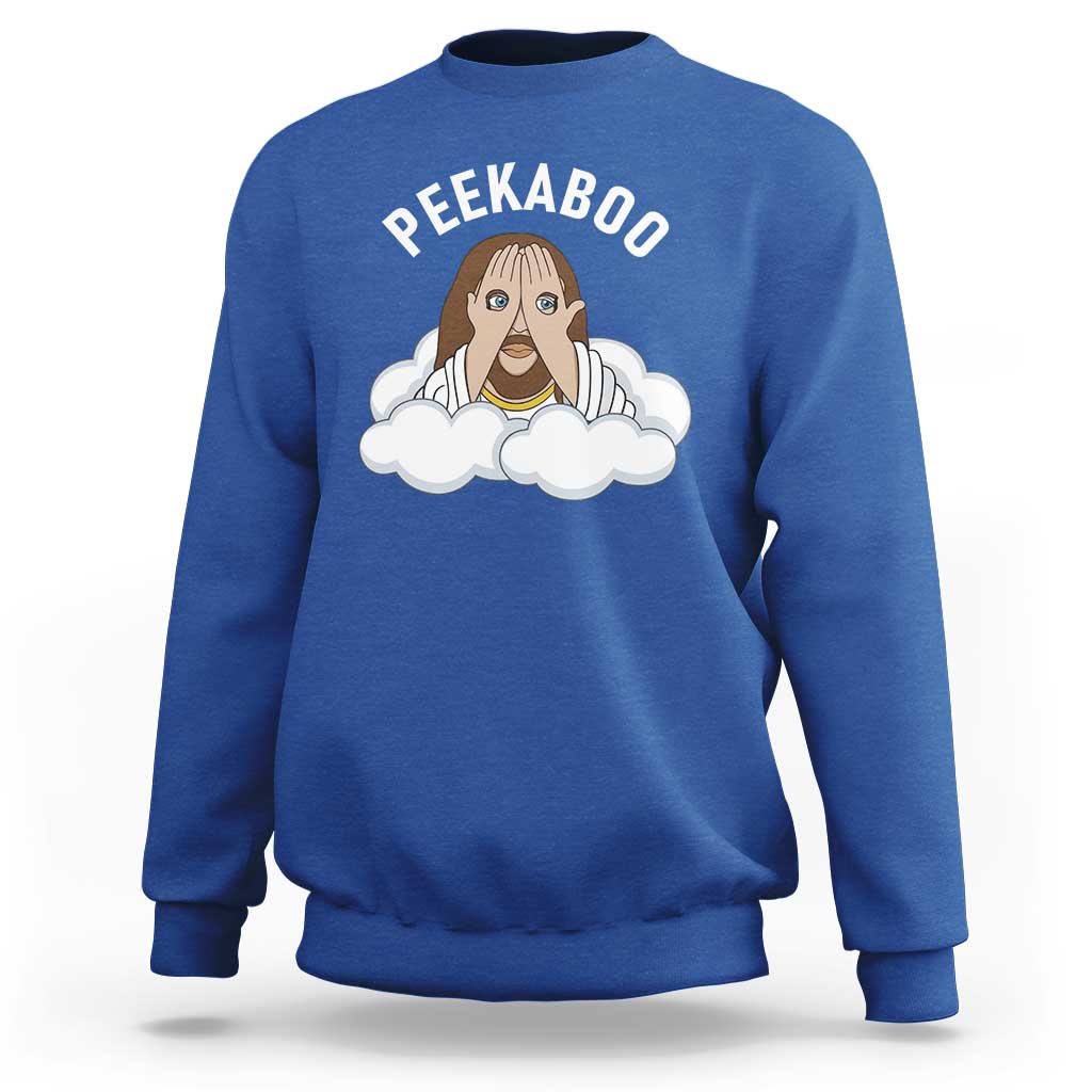 Peekaboo Jesus Funny Christian Sweatshirt Faith Humor Savior in Clouds Religious Meme