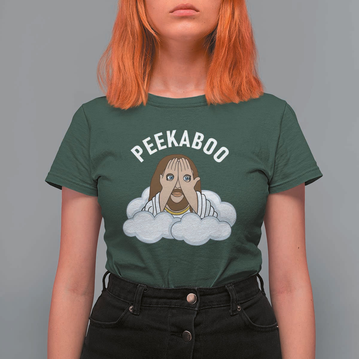 Peekaboo Jesus Funny Christian T Shirt For Women Faith Humor Savior in Clouds Religious Meme