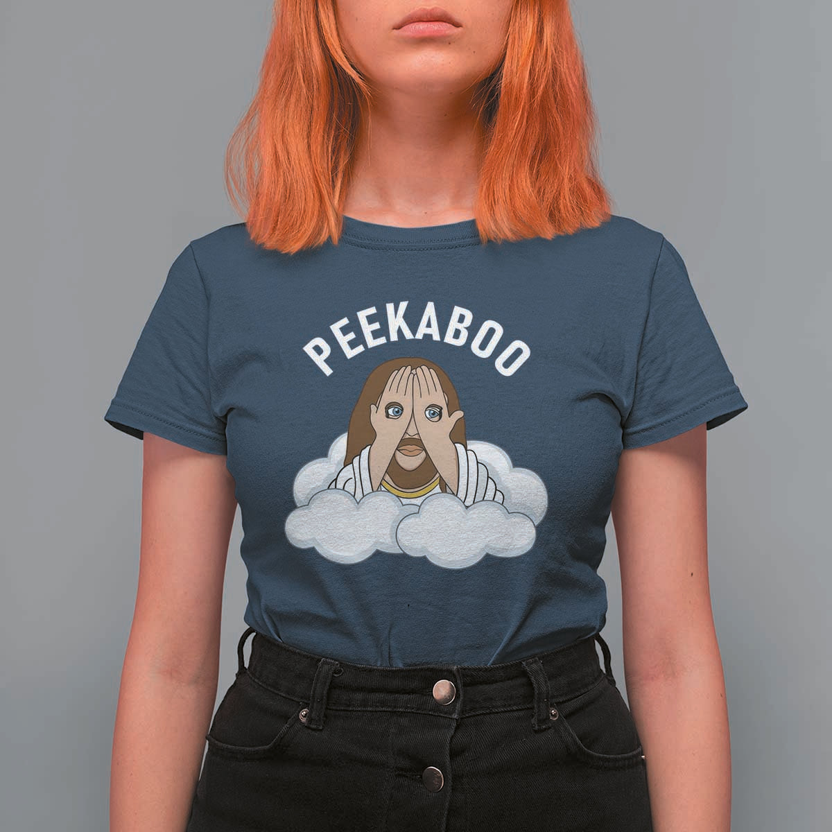 Peekaboo Jesus Funny Christian T Shirt For Women Faith Humor Savior in Clouds Religious Meme