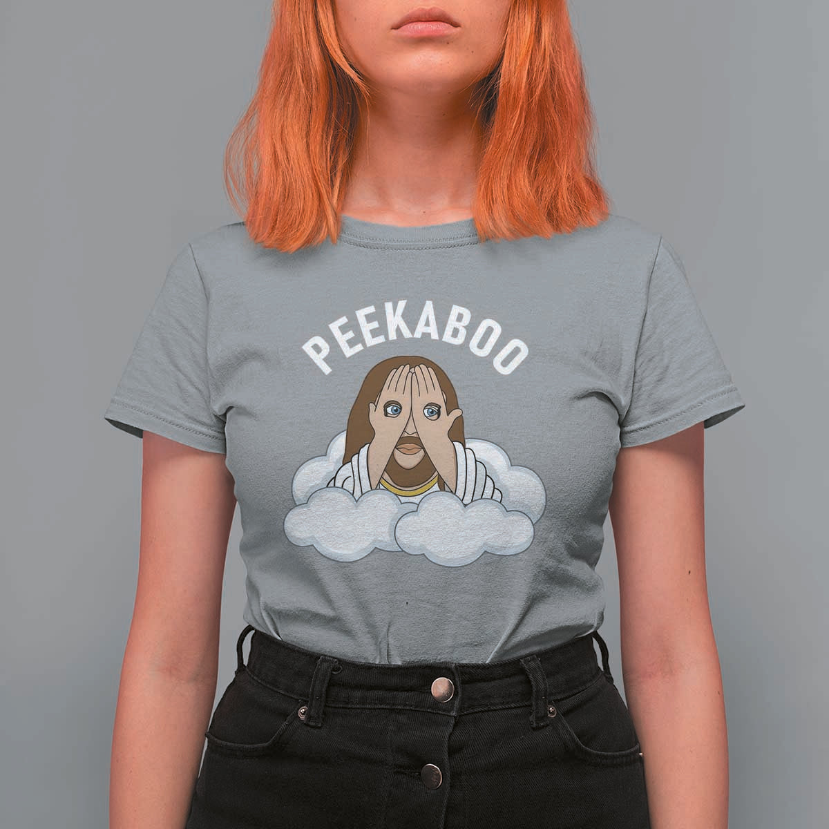 Peekaboo Jesus Funny Christian T Shirt For Women Faith Humor Savior in Clouds Religious Meme