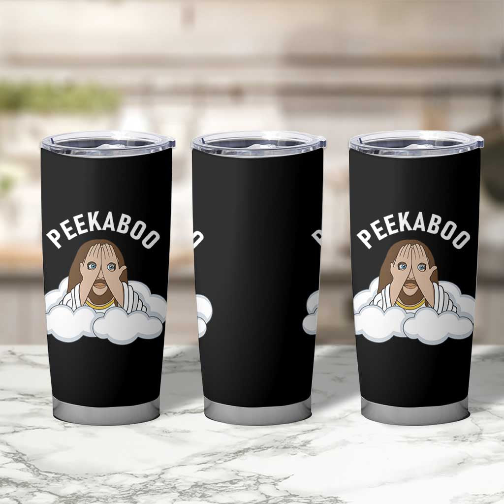 Peekaboo Jesus Funny Christian Tumbler Cup Faith Humor Savior in Clouds Religious Meme