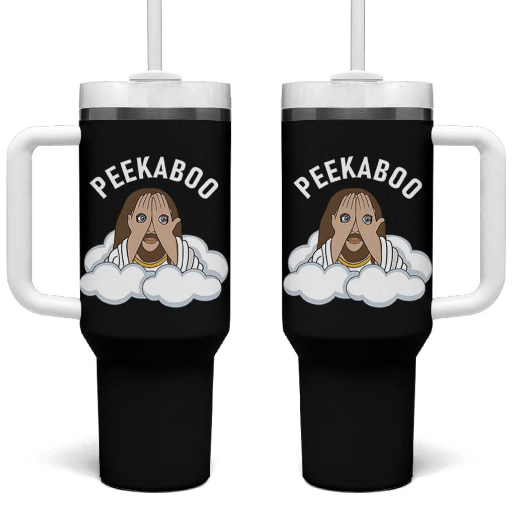 Peekaboo Jesus Funny Christian Tumbler With Handle Faith Humor Savior in Clouds Religious Meme