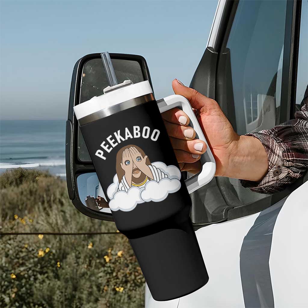 Peekaboo Jesus Funny Christian Tumbler With Handle Faith Humor Savior in Clouds Religious Meme