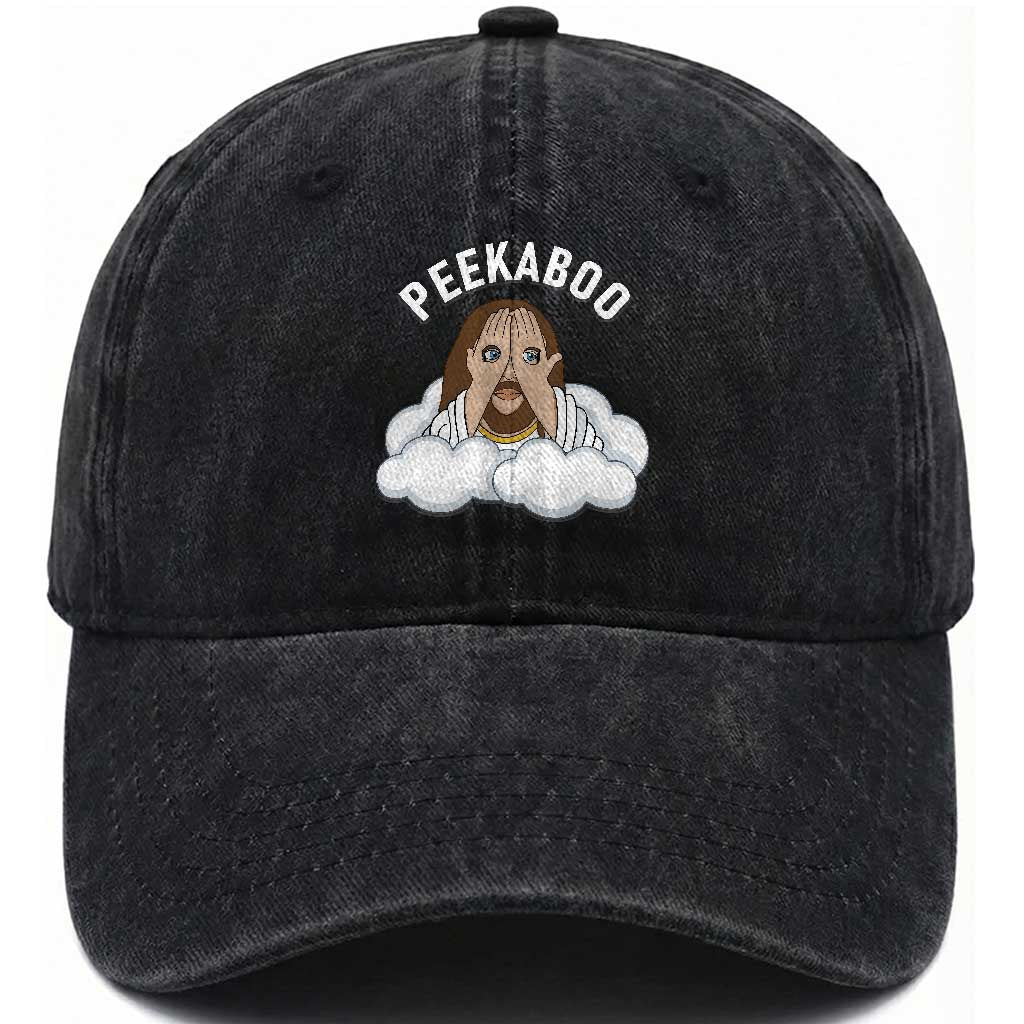 Peekaboo Jesus Funny Christian Washed Cotton Baseball Cap Faith Humor Savior in Clouds Religious Meme