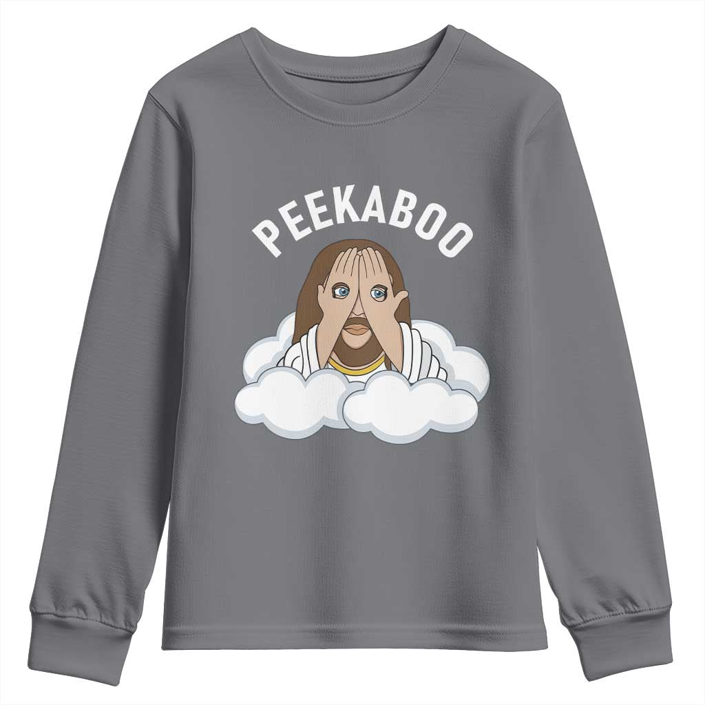 Peekaboo Jesus Funny Christian Youth Sweatshirt Faith Humor Savior in Clouds Religious Meme