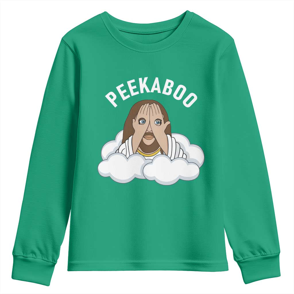 Peekaboo Jesus Funny Christian Youth Sweatshirt Faith Humor Savior in Clouds Religious Meme